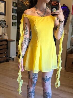 Fashion Nova Yellow Off-Shoulder Mini Dress with Draped Sleeve Ties